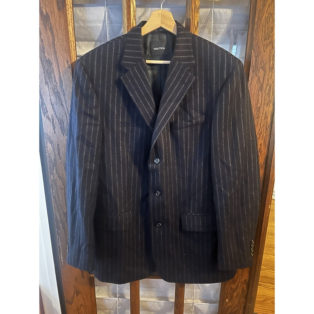NAUTICA Men's Sz 40L Navy Pin Stripe 100% Wool Sport Coat Jacket Double Vented - Picture 5 of 11